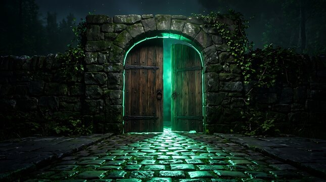 Mysterious stone archway with open wooden doors and glowing green light