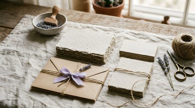 Rustic table with wrapped gifts, twine, and crafting supplies.