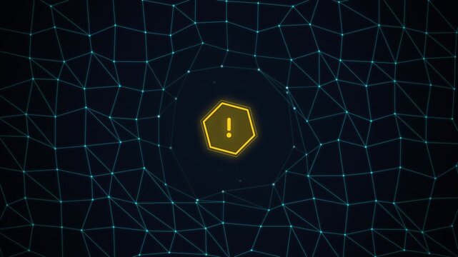 High-tech motion graphic of glowing network grid breaking apart with pulsing neon yellow warning hexagon.