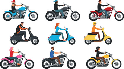 Motorcycle and Scooter Rider Vector Character Set with People Riding Choppers, Mopeds, and Motorbikes for Delivery, Travel, and Urban Transportation Designs © Siddika