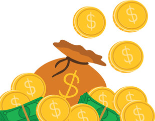 Pile of Golden Dollar Coins with Money Bag and Green Banknotes Abundance and Wealth Finance Concept Illustration for Profit Investment and Cash Overflow © doodlenadz