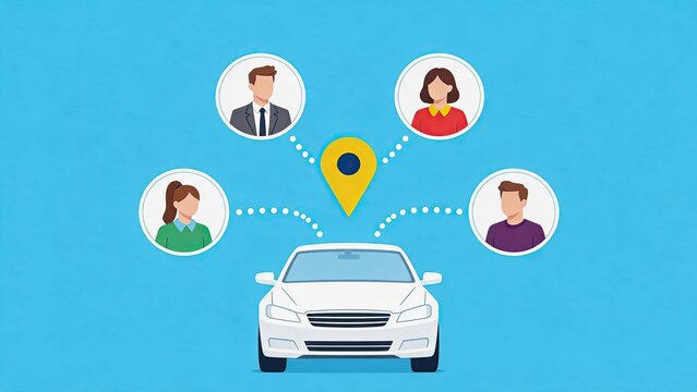 Rideshare app concept illustration, white car connecting with diverse passengers via GPS location pin, urban mobility service, taxi booking platform, shared economy