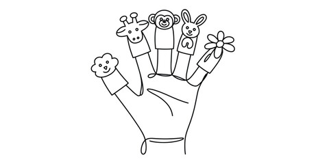 Hand wearing cute animal finger puppets including giraffe monkey rabbit and flower character illustrations for kids education and storytelling Vector, illustration © Nebaron