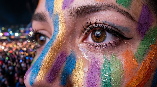 Close up of a tearful eye with colorful face paint at a festival