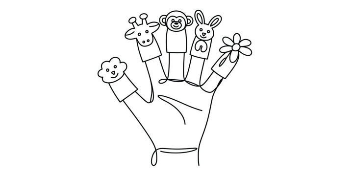 Hand wearing cute animal finger puppets including giraffe monkey rabbit and flower character illustrations for kids education and storytelling Vector, illustration