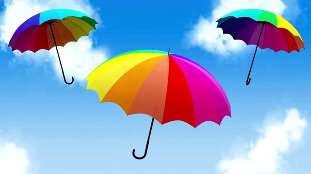 Colorful umbrella opened in the rain, providing protection from wet weather. Bright rainbow canopy with curved handle, symbolizing shelter, safety, and comfort during rainy au