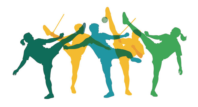 Colorful overlapping silhouettes of male and female athletes performing dynamic kicks in a sepak takraw match with a rattan ball, minimalist vector illustration on white background.