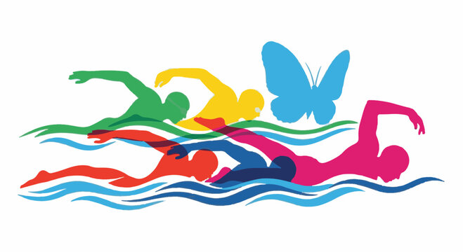 Abstract vector illustration of multiple colorful overlapping swimmer silhouettes performing freestyle stroke in stylized waves with a butterfly icon on a white background.