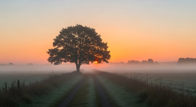 Solitary oak tree standing in misty field at sunrise with orange sky