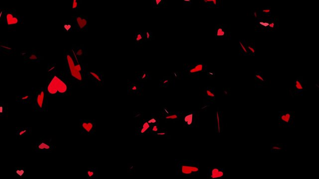 Romantic red heart flying 4k video. Alpha channel, transparent background. Heart falling alpha elements with heart particle filling looped for overlay on your footage.
Red hearts fall from top.