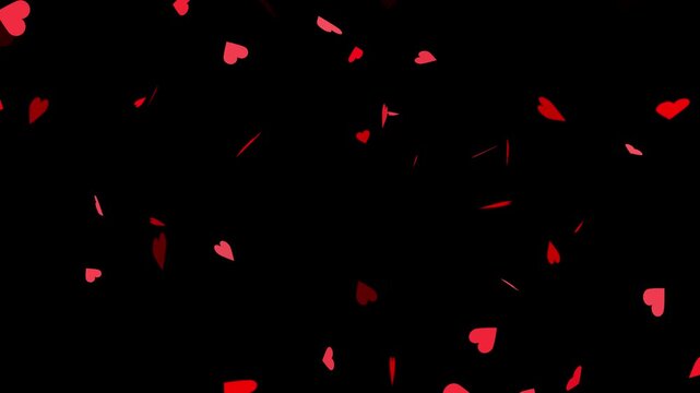 Romantic red heart flying 4k video. Alpha channel, transparent background. Heart falling alpha elements with heart particle filling looped for overlay on your footage.
Red hearts fall from top.