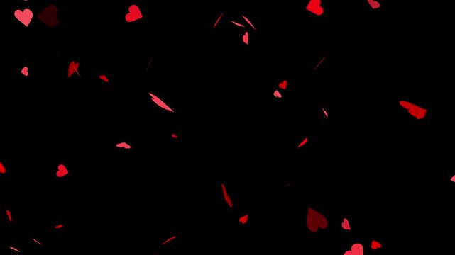 Romantic red heart flying 4k video. Alpha channel, transparent background. Heart falling alpha elements with heart particle filling looped for overlay on your footage.
Red hearts fall from top.