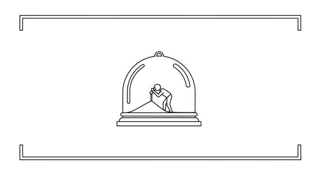 Man trapped in snow globe, feeling isolated and overwhelmed by a mountain of work.