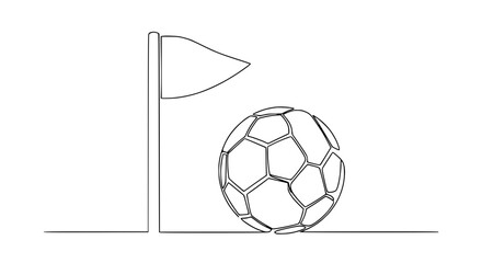 Minimalist line art of a soccer ball near a corner flag on a white background. © Janganan