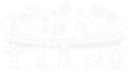 Fototapeta premium Soccer team celebrating victory with fireworks at stadium, line art drawing