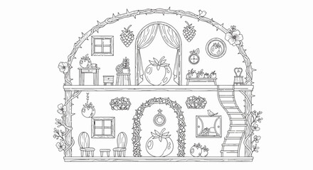 Naklejka premium Line art of a two-story enchanted berry bush house interior featuring miniature furniture, climbing vines, thorns, fruit decor, and small birds for a fantasy coloring book page design.