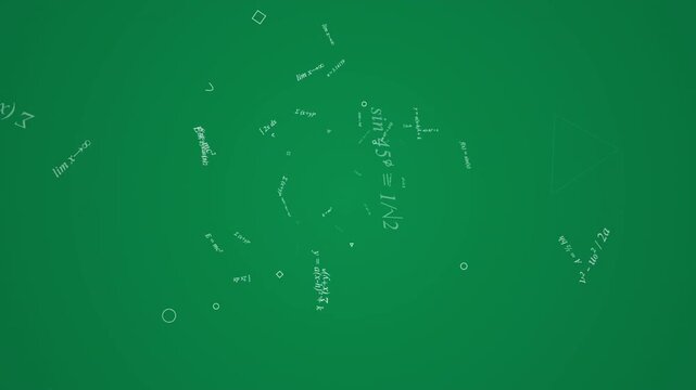 Flying through complex mathematical equations and geometric shapes on a green education background.