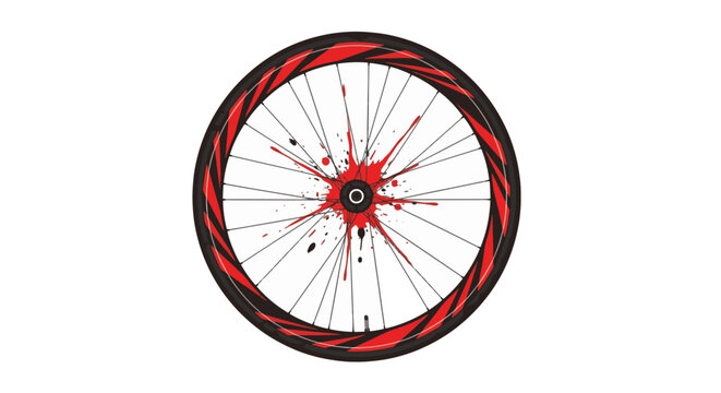 Vector illustration of a mountain bike wheel featuring red and black patterned rim decals and a central red fluid splash effect on the hub, isolated on a white background.