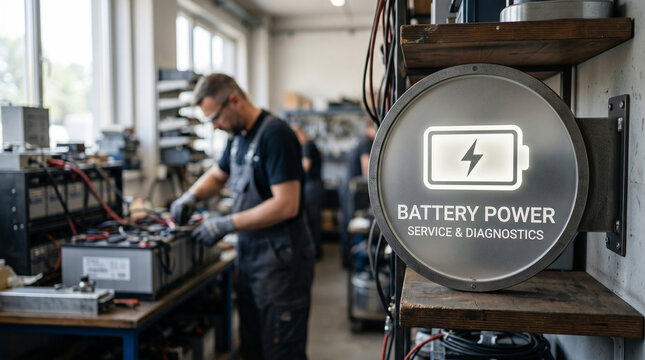 Professional Electrical Technicians Maintaining Industrial Battery Storage Systems In Modern Energy Service Workshop For Sustainable Power Management