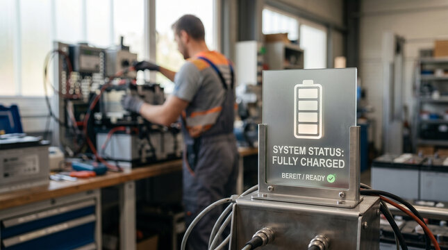 Professional Electrical Technicians Maintaining Industrial Battery Storage Systems In Modern Energy Service Workshop For Sustainable Power Management