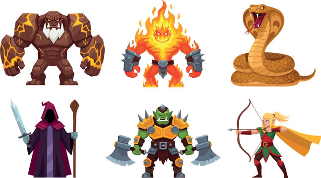 Fantasy Game Character and Monster Vector Set with Golem, Fire Elemental, Giant Cobra, Mage, Orc Warrior, and Elf Archer for RPG Layouts and Digital Asset Designs