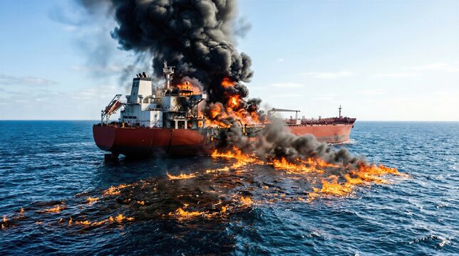 Burning oil tanker ship engulfed in flames and smoke on ocean. Major fuel spill and maritime disaster causing global energy supply chain conflict and rising oil price economic crisis.