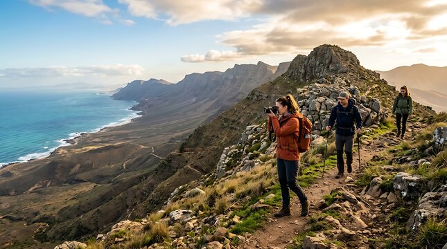 Hikers on a mountain trail overlooking a beautiful coastline