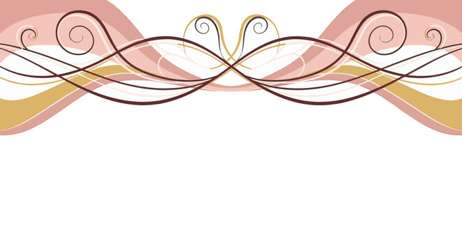 Elegant abstract border with burgundy, gold, and pink flowing curves, symmetrical swirls, and overlapping wave patterns isolated on a white background for header or footer design.