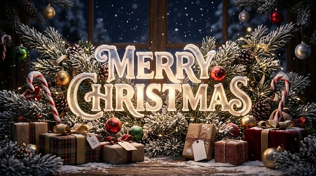 Merry christmas greeting with gifts and pine branches