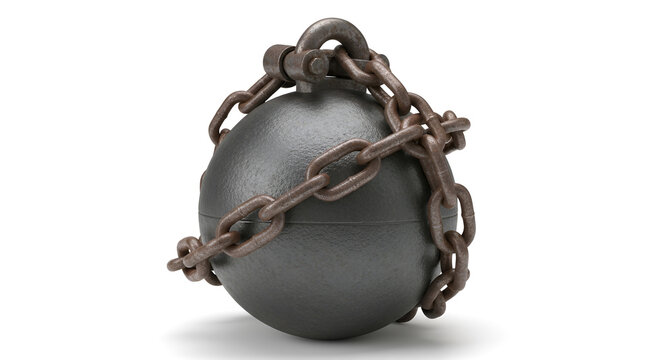 Heavy iron wrecking ball wrapped in thick rusty chains isolated on a clean white background.