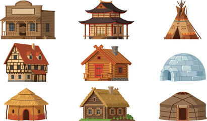 Traditional Architecture Vector Collection Featuring Historical Houses and Indigenous Dwellings from Around the World for Educational Graphics, Game Design, and Cultural Map Layouts © Siddika