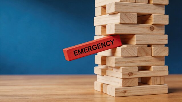 Emergency red wooden block in Jenga tower stack. Risk management, financial crisis, business stability, emergency fund, insurance, safety planning, economic uncertainty concept.