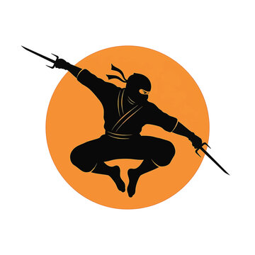Black silhouette of a jumping ninja warrior holding two sai daggers against a large orange circular sun background, isolated on white, martial arts vector illustration, action pose.