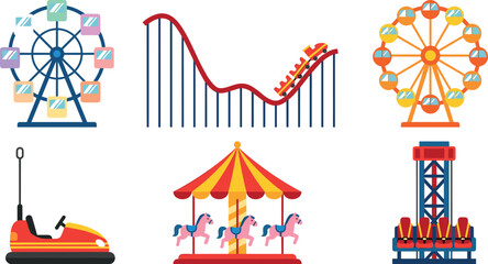 Fototapeta premium Amusement Park and Theme Park Ride Vector Set with Ferris Wheels, Roller Coaster, Carousel, Bumper Car, and Drop Tower Attractions for Carnival Festival Designs