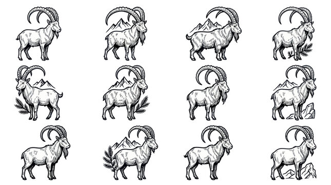 Collection of detailed hand-drawn ibex and mountain goat illustrations in various poses.