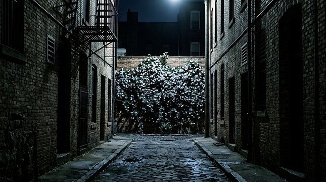 White flowers blooming in a dark urban alley at night