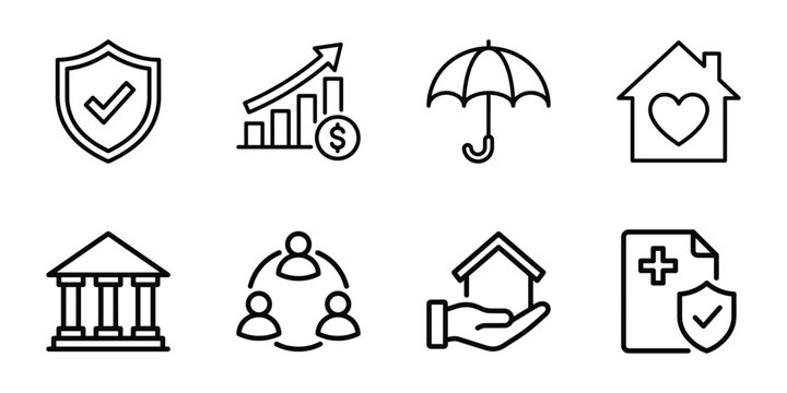 Business and personal insurance protection vector icon set with insurance protection financial security umbrella