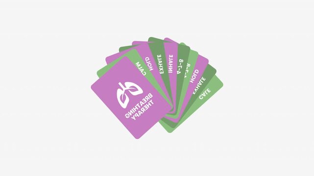Abstract Fan Of Purple And Green Rectangular Cards With Organ Icons On A Plain White Background
