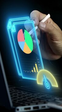 Business Performance concept, company's ability to profit from its resources and achieve its objectives. Businessman shows glowing neon line of Performance icon on virtual screen.