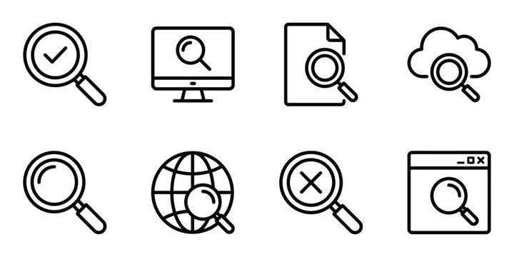Search and discovery digital research linear icon pack with magnifying research discovery internet analysis