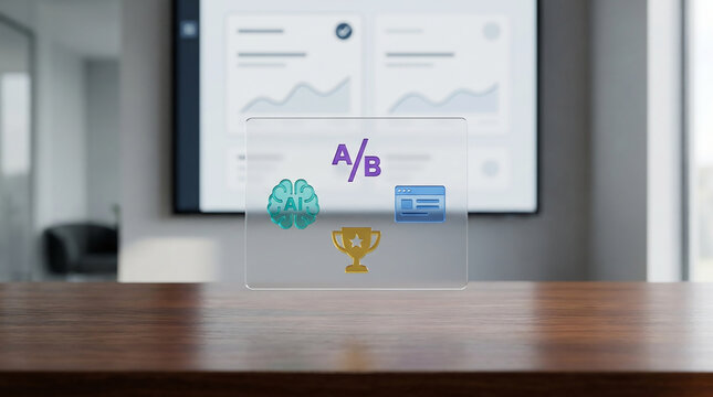 Modern Business Optimization Concept with AI A/B Testing and Growth Metrics Glass Icons Floating in a Contemporary Office Boardroom Setting