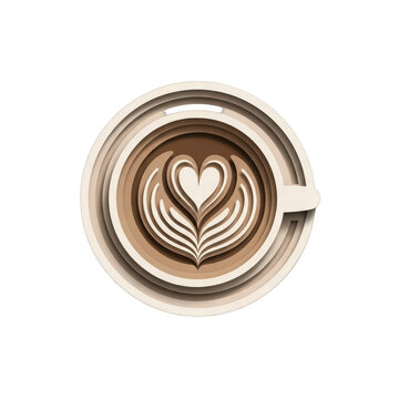 Paper cut style coffee cup with heart latte art