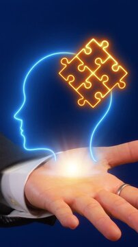 Problem solving icon, concept of thinking and creative idea. finding answer, solution of the problem, invention and searching for new ideas. Businessman shows puzzle icon inside head on virtual screen
