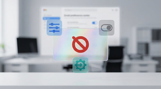 Digital interface with glassmorphism 3D icons for preference center, privacy settings, and email unsubscribing in a modern blurred office workspace.