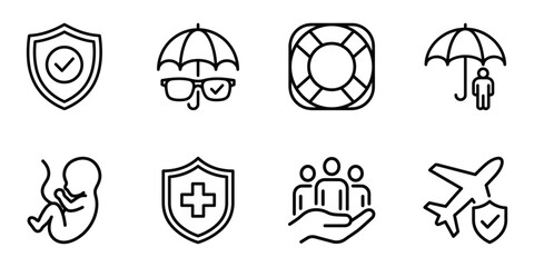 Set of insurance and protection line art icons including shield and umbrella with insurance protection umbrella © Suhel_ICON_Design