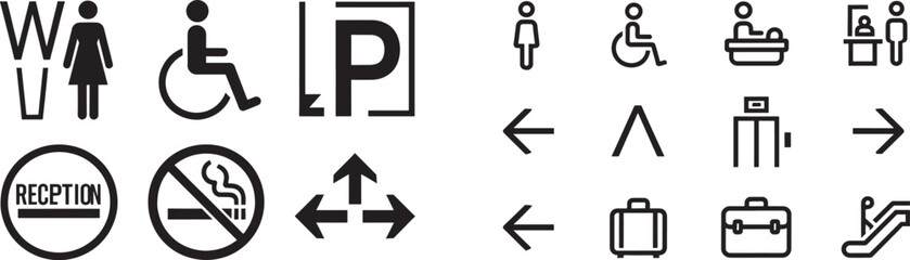 Public wayfinding vector icons set including restroom wheelchair parking reception no smoking elevator and directional arrows © Muhammad
