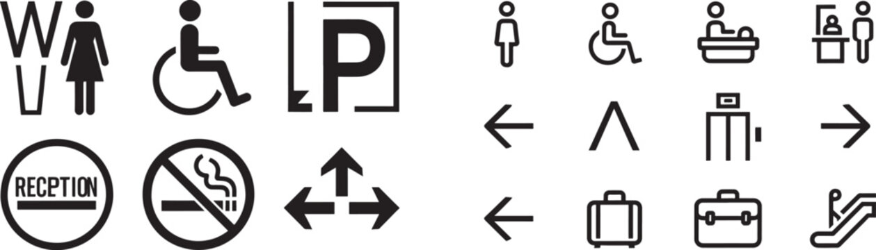 Public wayfinding vector icons set including restroom wheelchair parking reception no smoking elevator and directional arrows
