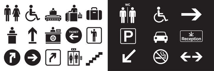 Public navigation and wayfinding vector icons with restroom elevator stairs parking reception and accessibility symbols for airport signage © Muhammad
