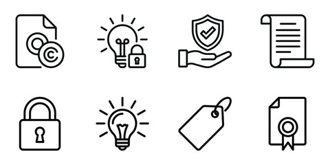 Fototapeta premium Set of legal intellectual property and security line art icons with copyright security certificate document business