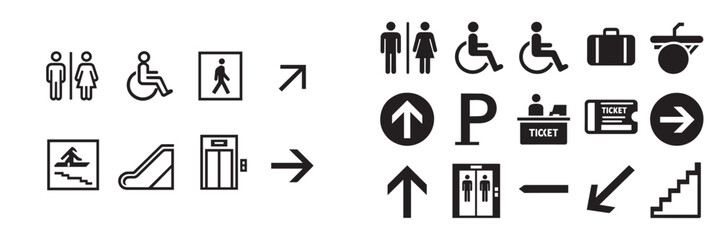 Public navigation wayfinding icon set with restroom elevator escalator parking and arrow symbols vector illustration © Muhammad